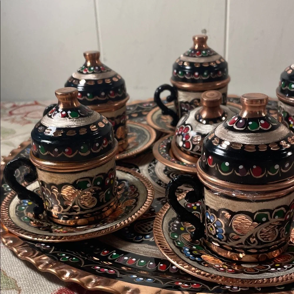 Handcrafted Copper Turkish Ceramic Coffee and Expresso Set with Tray